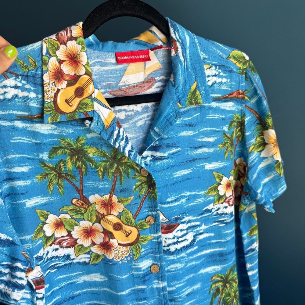 Vintage Hawaiian Shirt Women's Size Medium Gloria Vanderbilt Blue Palm Tree - Picture 3 of 8